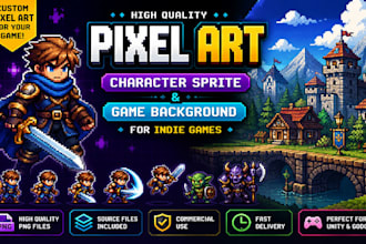 draw pixel art character sprite and game background for indie games