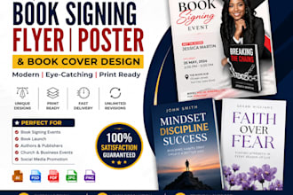 design book signing flyer, book launch poster and book cover design