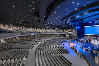 design modern 3d church auditorium with stage lighting seating and roofing