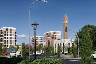 3d commercial retail fit out design, exterior roadway, small cgi hotel rendering