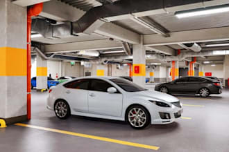 design cgi 3d car park, parking lot, car show room, driveway, car wash, garage