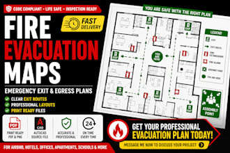 design fire escape maps, emergency exit plans egress plan for airbnb in 24hr