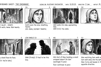 draw clean professional storyboard sketches for film or animation