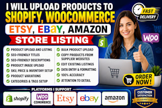 upload products to shopify woo commerce etsy ebay amazon store listing