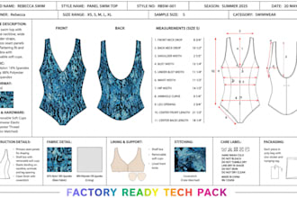 do tech pack for panel swim tops, bikini tops and mesh lace bras for production