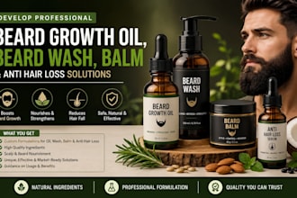 develop professional beard growth oil, beard wash, balm and hair loss solution