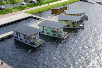 create 3d boathouse design, floating house, waterfront cabin, lake house design