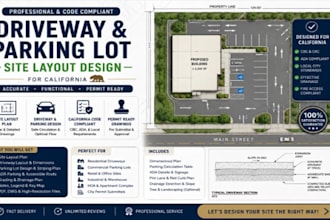design driveway and parking lot, site layout drawing for california
