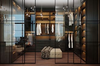 design a functional walk in closet with realistic 3d renderings