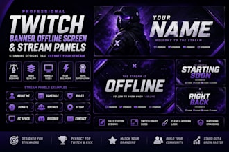 design custom twitch overlay, offline screen and stream panel