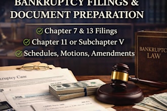 prepare bankruptcy documents, motion, for chapter 7, 11 and 13 as your attorney