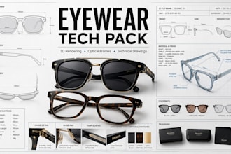 design eyewear tech pack design, factory tech pack and 3d rendering