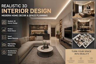 create realistic 3d interior design, modern home decor, and space planning