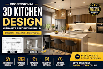 create professional 3d kitchen design cabinet layout and photorealistic render