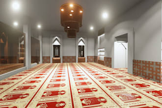 create realistic 3d mosque, masjid, musalla, prayer hall design