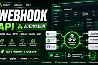 setup webhook API integration, zapier automation for mvp, saas, bubble app