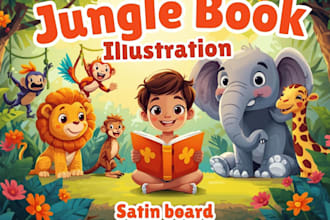 create jungle children book illustration, kids story book and amazon KDP art