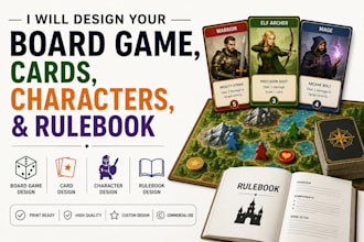design board game, card game, characters and rulebook for tabletop rpg