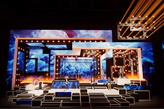 visualize 3d musical event, concert stage setup,theatre live lighting, bandstand