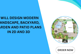 modern landscape, backyard, garden patio plans in 2d  3d