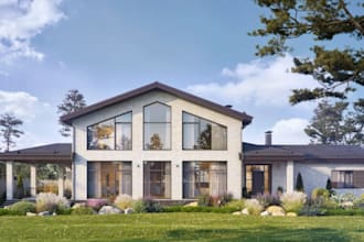 design 3d modern cottage house, wall cladding, terrace, garden exterior render