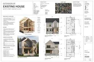 draft full city permit drawing for house plan, home addition, garage, adu, deck