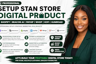 setup stan store digital product, shopify beacon ai, payhip, whop, kofi, gumroad