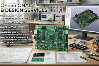 create pcb schematic, pcb layout, gerber files, bom and 3d model