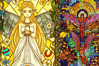 draw stained glass art, logo, gothic window glass design, character illustration