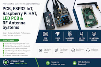 design pcb, esp32 iot, raspberry pi hat, led pcb and rf antenna system
