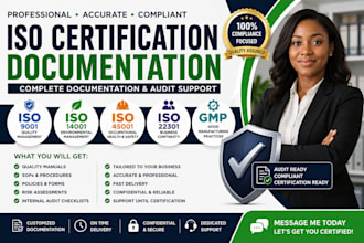 give iso 9001, 45001, gmp, 14001, 22301 iso certification documentation