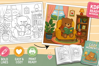 design bold and easy cozy coloring book cover and pages for KDP interior