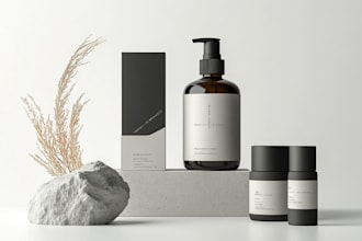 product label design, box, bottle, and pouch design