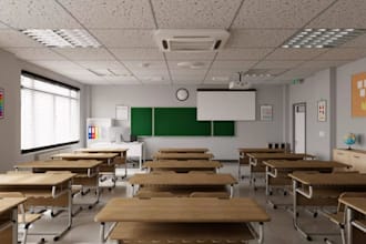 design 3d school interiors, classrooms,library design, lecture room, locker room