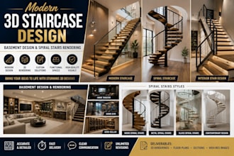 create modern 3d staircase design, basement design and spiral stairs rendering