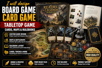 design board game, card game, tabletop game, cards, maps, and rulebooks