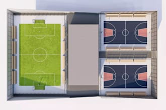3d multi storey parking plaza,rooftop sport court,tent,football field,basketball