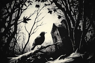 make detailed dark art with woodcut or linocut style