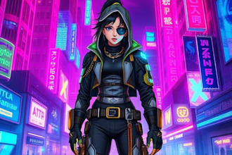 design a custom cyberpunk character illustration with neon city vibes