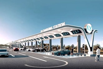 design futuristic petrol station master plan with automated retail shop,3drender