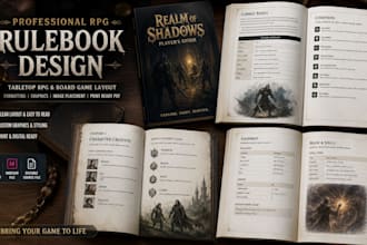 design rpg rulebook for tabletop rpg or board game with image graphics layout
