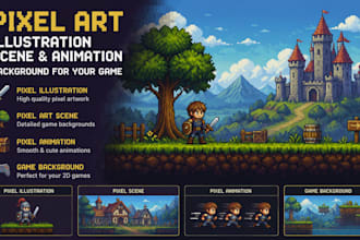 draw pixel illustration, pixel art scene and animation, background for your game