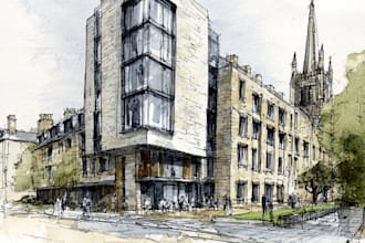 sketch architecture building with watercolor rendering