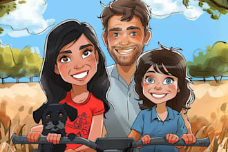 create a group cartoon portrait or family caricature for you