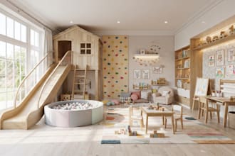 design 3d kids room, nursery room, playroom, playground, ikea classroom renders