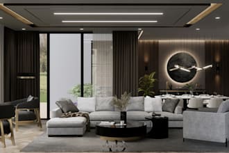 do 3d renders of living room, kitchen, and dining room