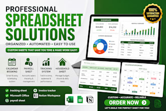 do calandar booking, payroll spreadsheet, tracking system, household spreadsheet