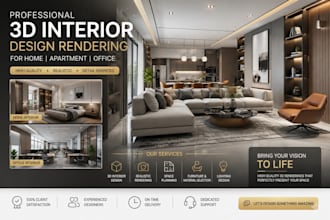 create 3d interior design rendering for home apartment and office