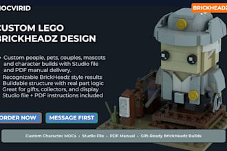 create a custom 3d lego brickheadz lego character moc with studio and PDF manual