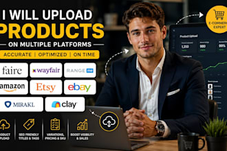 upload products on faire, wayfair, rangeme, amazon, etsy, ebay, mirakl, clay